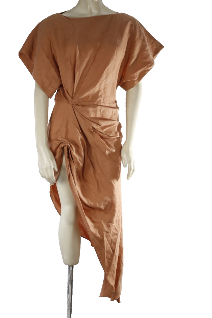 Jacquemus La Bomba Linen Draped Knot Asymmetrical Midi Dress Terracotta Tan 40